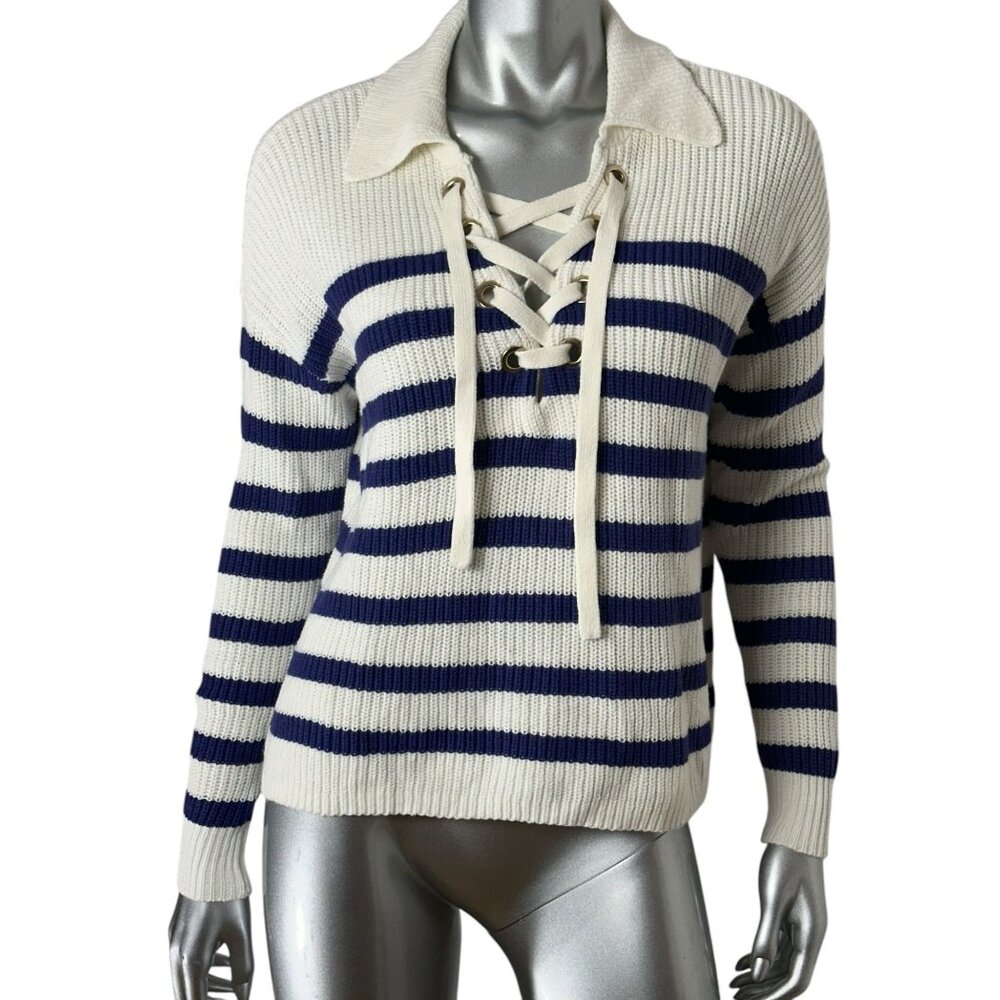 Loft Womens XS Striped Sweater Navy & White Lace-Up Collar Knit Pullover Ribbed